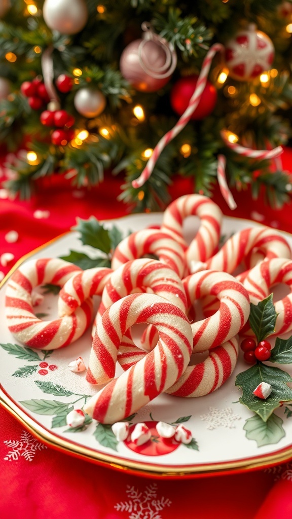 A plate of candy cane cookies with red and white stripes, surrounded by holiday decorations.